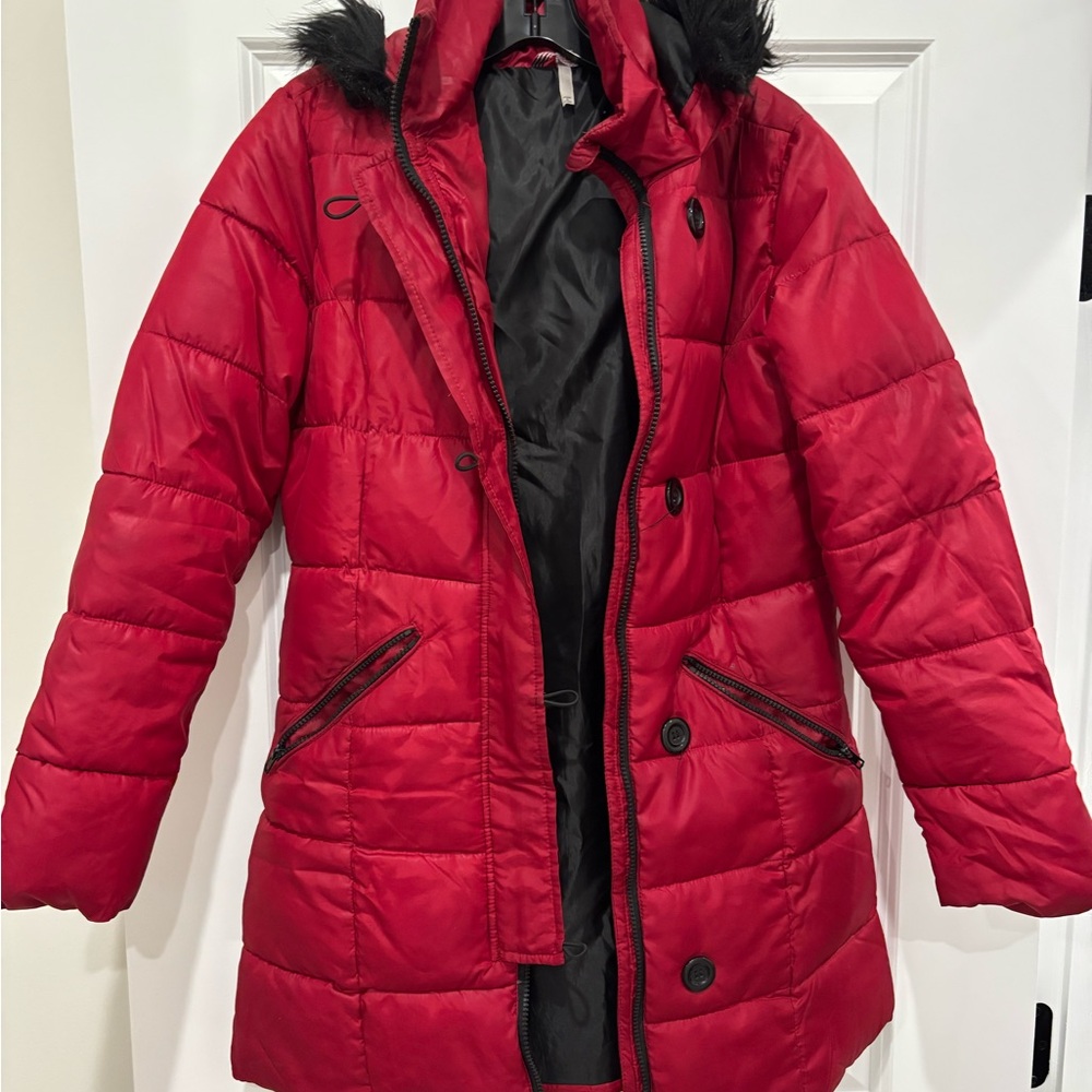 Red Quilted Winter Coat with Black Fur Trim
